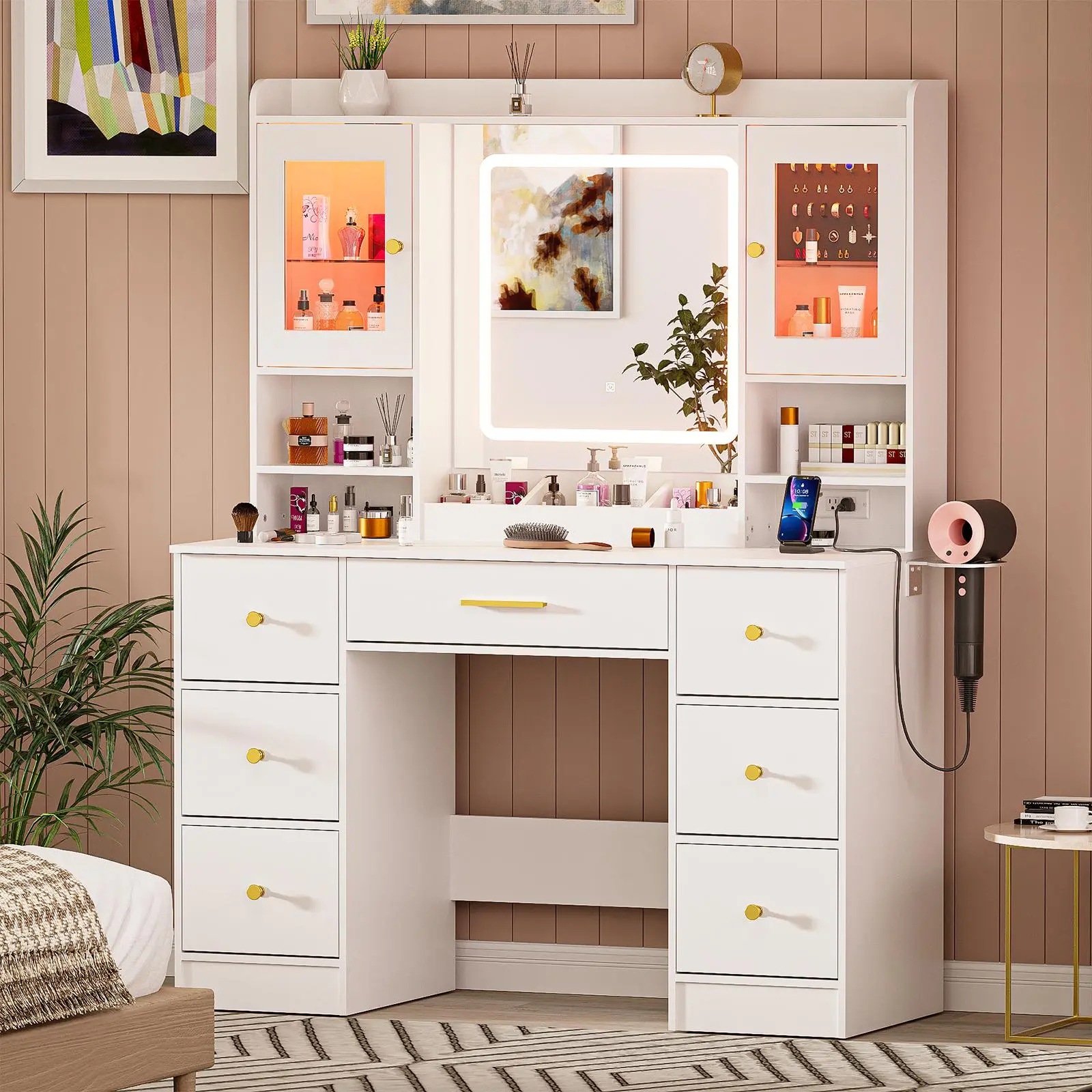 LAKEMID 7 Drawers White Vanity Table with Power Outlet, Lighting Mirror, Hair Dryer Rack, and RGB Cabinets, LED Lighted Vanity Desk Set light up Large sound sync Dimmable makeup