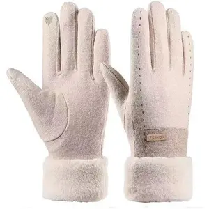 Women's wool and cashmere gloves, winter, extra fleece and thickened, cold-resistant and warm, suitable for cycling and driving, touchscreen-compatible for winter