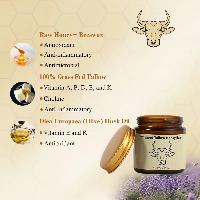 Lopeie Whipped Grass-Fed Beef Tallow Honey Balm - 4 Oz,Moisturizing Cream for Soft, Smooth Skin - Handmade All-Natural Moisturizer - Lavender 2
