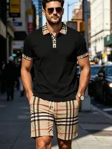 Men's Plaid Checked Polo Set, Plaid Collar Collared Short Sleeve Top + Plaid Drawstring Shorts, High-End Casual Men's Clothing Menswear, All over Print Classic