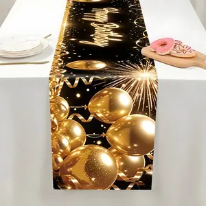 Luxurious Gold Happy Birthday Table Runner, Golden Balloon Fireworks Design, High-End Party Decor, Washable Polyester, 70.8x13.8 Inches