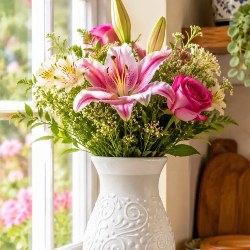 Talavera Flower Vase (Design Flor) | White Color