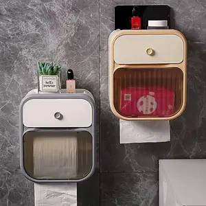 Wall-Mounted Bathroom Paper Towel Holder, Bathroom Organizer, Space-Saving Design with Drawer, Fits Various Types of Tissues, Large Capacity Storage Box