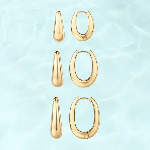 PAVOI Waterproof Set of 3 Chunky Hoop Earrings for Women - 14K Gold Plated Stainless Steel Oval Hoops - Thick Gold Earrings Set - Lightweight Trendy Summer Jewelry