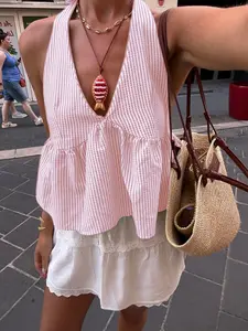 New Vacation Style Striped Halter Top, Women's Loose Ruffle Sleeveless Backless Tank, Ruffled Casual Summer Fashion, Perfect for Holidays