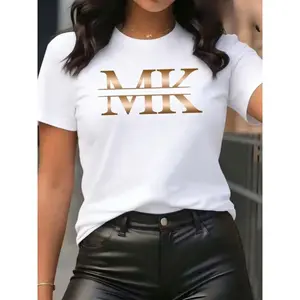 Gold Monogram Graphic Tee Womens White Crewneck Short Sleeve Casual Oversized T Shirt Soft Stretch Streetwear Y2k Outfit Top For Everyday Wear