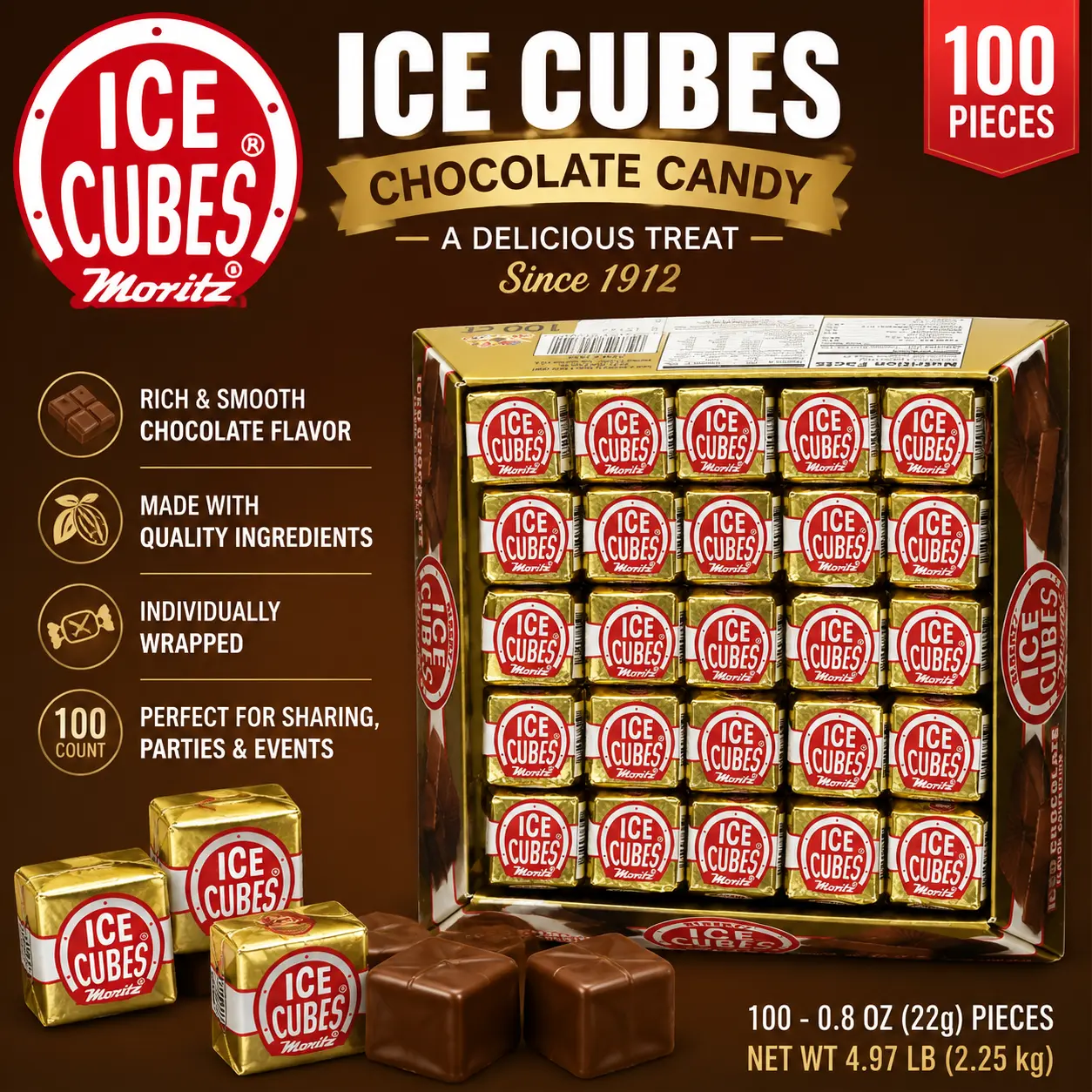 Ice Cubes Chocolate Candy 100 Count ️ Creamy Chocolate Candy Squares | Individually Wrapped Classic Treats for Sharing