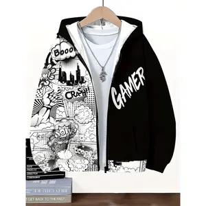 [Playful Style] Boys' Black and White Gamer  Hoodie - Zip-Up Long Sleeve Jacket with Pockets, Cool Print Design for Fall/Winter Casual Wear, Boys Casual Wear |       Playful  Hoodie |       Machine Washable Fabric, Hoodies for Teens graphic