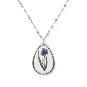 Purple Iris Floral Oval Necklace | Teardrop Pendant, Botanical Jewelry