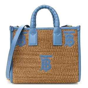 Pre-owned BURBERRY Raffia Shoulder Bags Calfskin Mini Freya Tote Natural Cool Blue