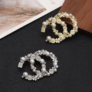 Gold & Silver Tone Double C Pearl Brooch, Sparkly Rhinestone Floral Lapel Pin, Vintage Inspired Crystal Flower Brooch, Elegant Fashion Accessory for Coats, Dresses & Scarves
