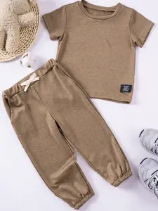2pcsBoys' Summer Fashion Set Outfit, Pure Color Round Neck Top & Drawstring Pants, Casual Daily Wear, 2pcs Boys' Clothing, Sweatpants
