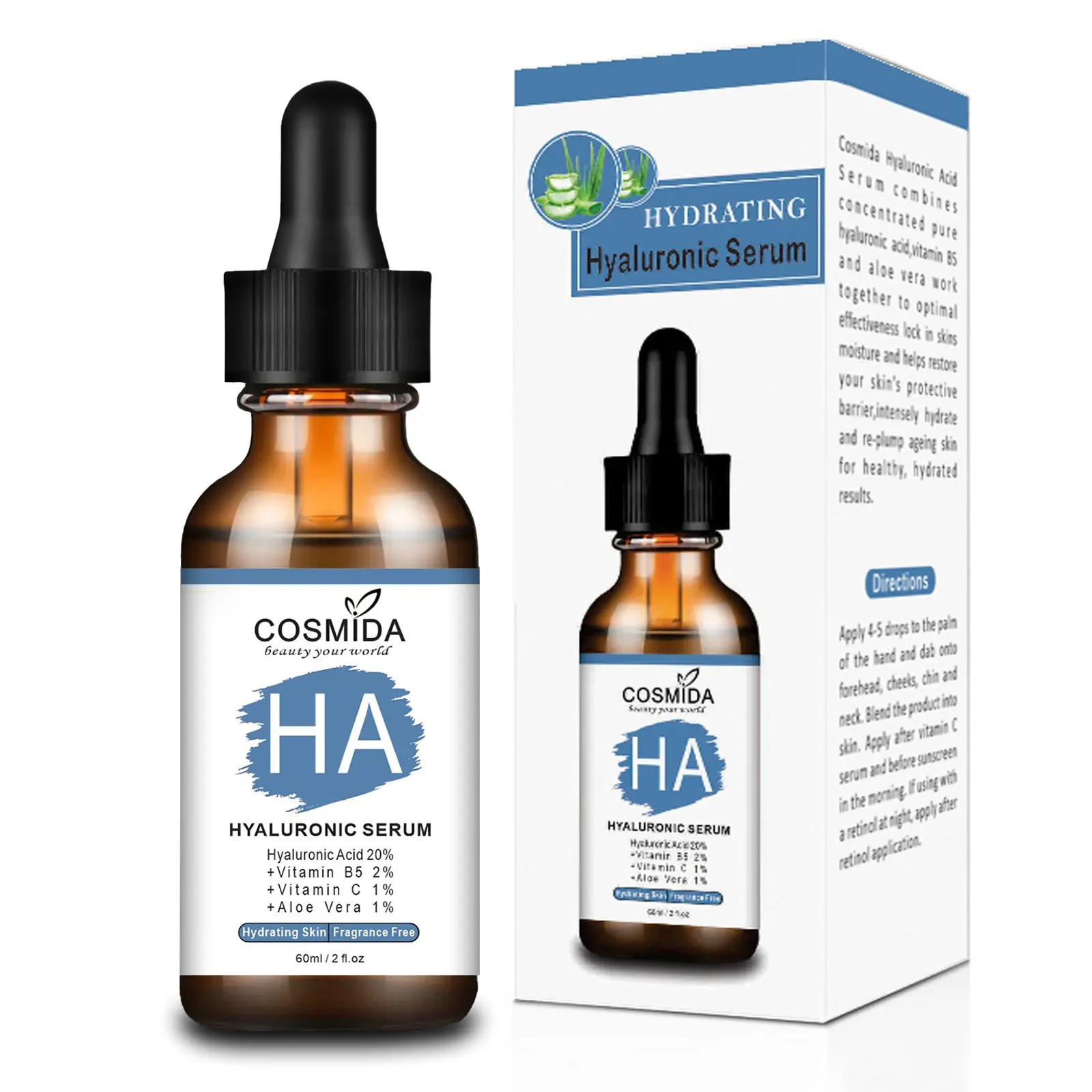 Cosmida Hyaluronic Acid Serum for Face with Vitamin B5,Pure Hyaluronic Acid Anti-Aging Serum for Plump up skin with intense hydration,Best for Dry, Dehydrated and Sensitive Skin