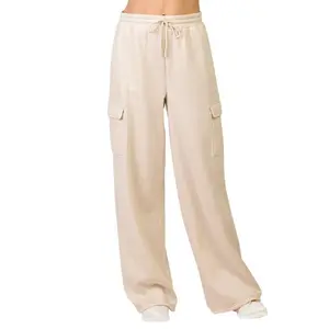 Women’s Fleece Cargo Pants Heavyweight Cotton Wide Leg Baggy Sweatpants High Waisted Drawstring and Roomy Pockets S-XL Casual Streetwear Fall & Winter