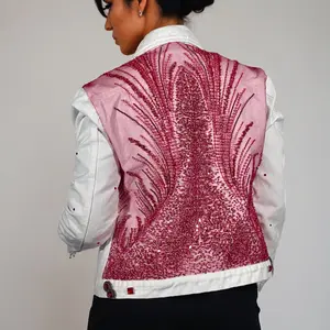 Missey & Daff Red Beaded & Sequin Hand Embellished White Denim Jacket Fitted Long Sleeve Casual Summer Top for Women