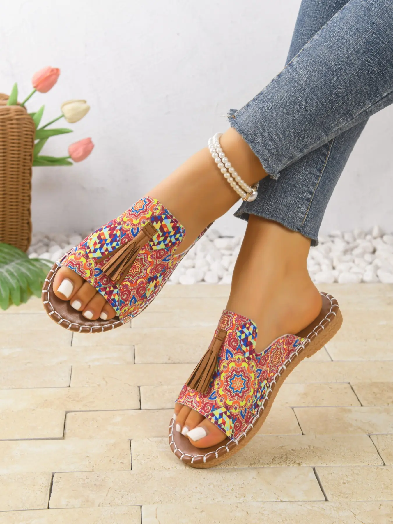 Women's Summer Sandals, Bohemian Style, Print Pattern Flat Design, Lightweight Comfortable, Ideal for Beach Vacation, Daily Wear