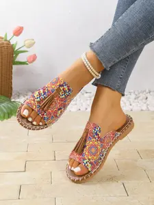 Women's Summer Sandals, Bohemian Style, Print Pattern Flat Design, Lightweight Comfortable, Ideal for Beach Vacation, Daily Wear