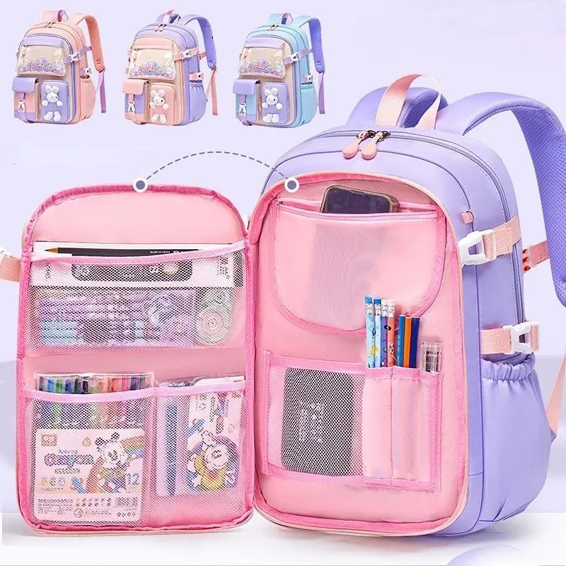 Primary School Backpack 1-5 Grade Cute Colorful School Bag For Girls Waterproof Large Capacity Cartoon rabbit Mochila Escolar