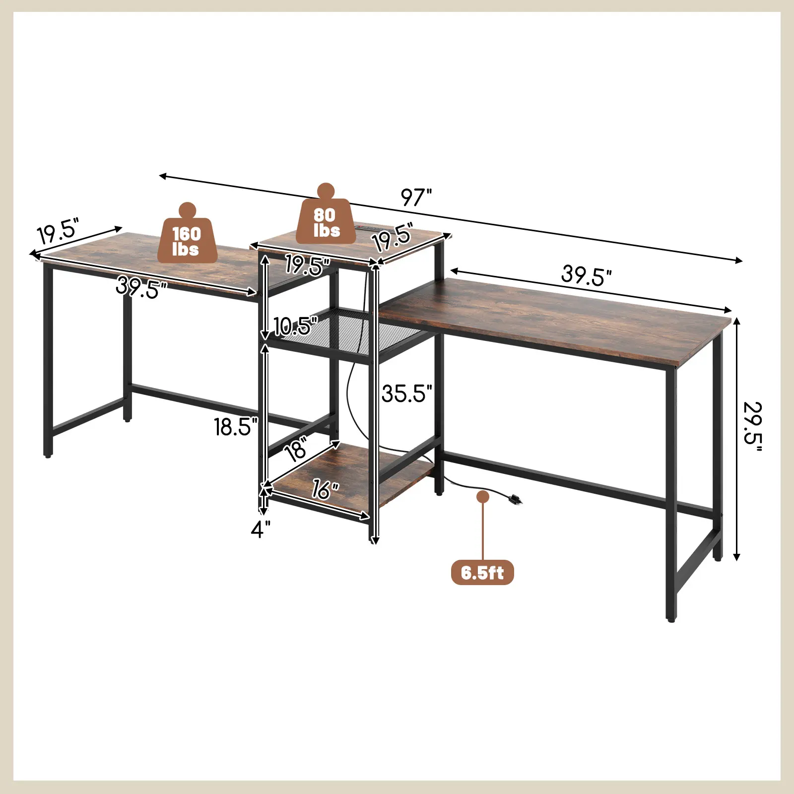 COSTWAY - 2-Person Computer Desk with Power Outlet and Printer Stand-Rustic Brown