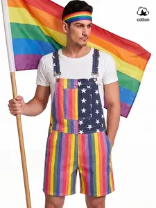 Rainbow Stars Bib Shorts, Simple Daily Bib Pants, Men's Rainbow Striped Short Bib Pants, Usa Flag Star Print Cotton Bib Shorts, Pride Parade