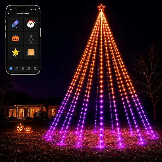 Popotan Smart RGB Christmas Tree String Lights with LED Bulbs, Pole & Ground Stakes - Christmas Aesthetic Outdoor Fairy Kit with Remote App Control