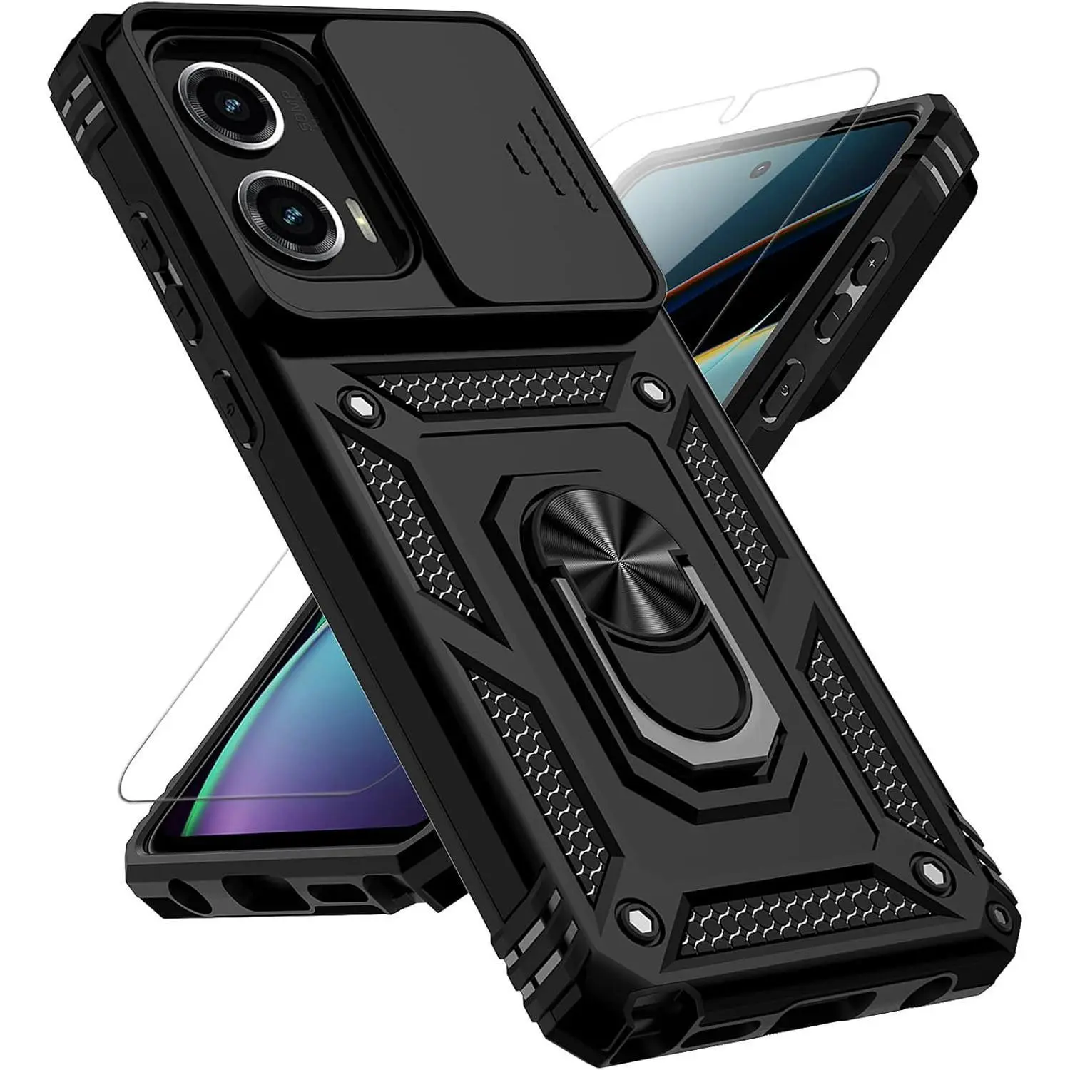 for Motorola Moto G Stylus 5G 2024 Case with Slide Camera Cover HD Screen Protector [Military Grade Drop Tested] Magnetic Ring Holder Kickstand Protective Phone Case for Moto G Stylus 5G 2024, Black