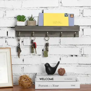 Vintage Gray Wood Floating Entryway Shelf w/ Key Hooks