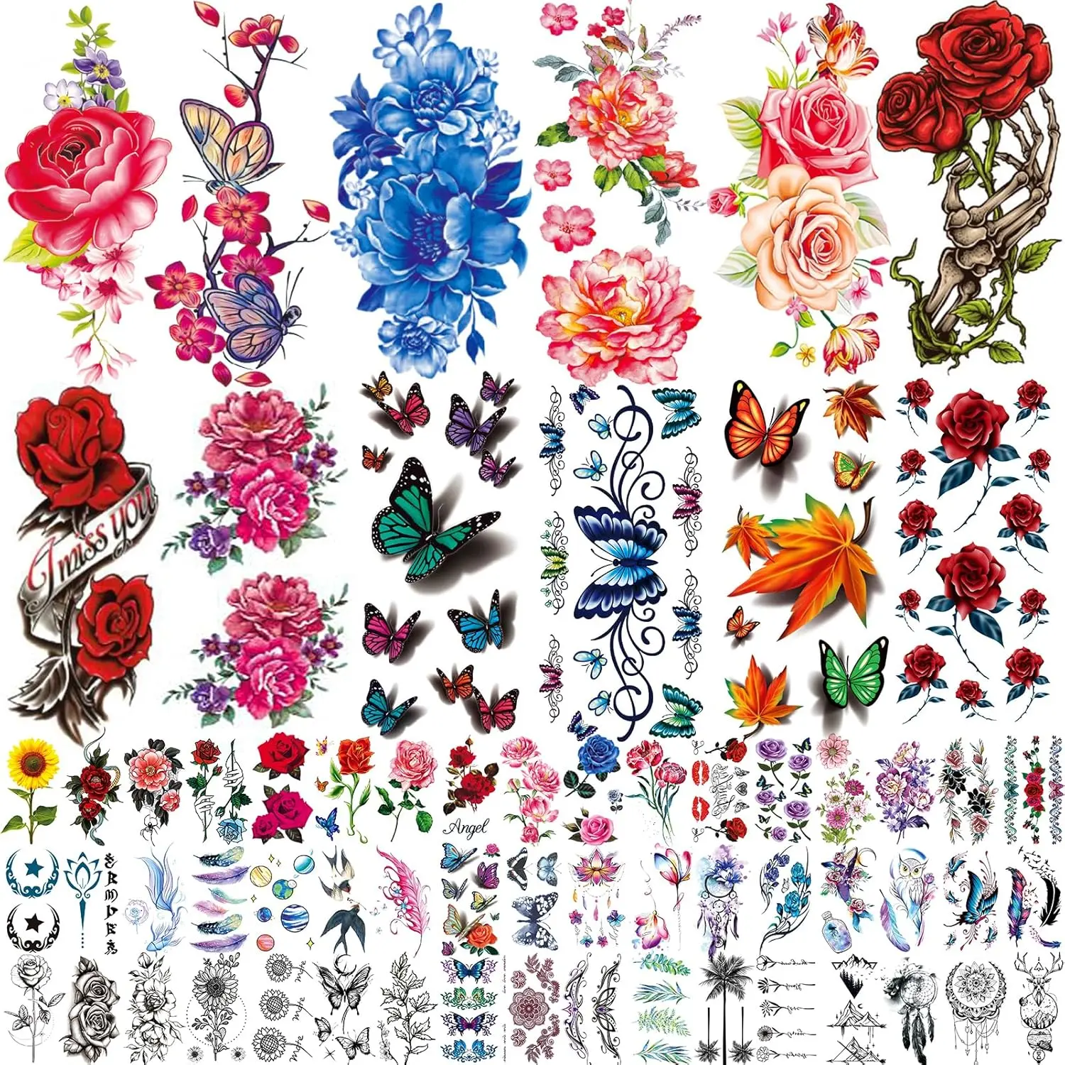 82 Sheets Flowers Temporary Tattoos Stickers, Roses, Butterflies and Multi-Colored Mixed Style Body Art Temporary Tattoos for Women sticker tattoo sleeve rising sun tattoo