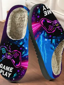 Game Controller Print Cotton Slippers, Cute Style, Fuzzy Lining, Non-Slip Thick Sole, Home Use, Men & Women, Fall Winter Warm Shoes, Footwear
