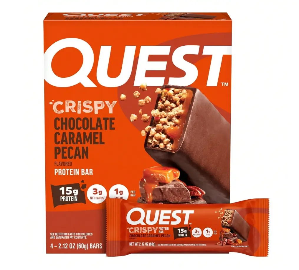 Quest Crispy Chocolate Caramel Pecan Protein Bar - 15g Protein, 1g Sugar, 3g Net Carbs, Gluten Free Keto Friendly High Protein Snack