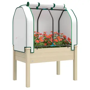 Outsunny Raised Garden Bed with PE Greenhouse Cover Outdoor Elevated Wood Planter Box for Herbs and Vegetables, Use for Patio, Backyard, Balcony, 35 x 22 x 47 inch, Natural