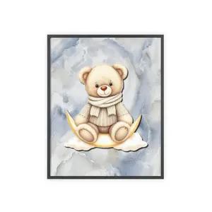 Marble Blue Cute Teddy Bear on the Moon Fine Art Poster, Kids Room Decor, Nursery Wall Art, Gift for Baby Shower, Whimsical Wall Decor
