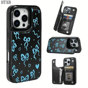Blue bowknot pattern, practical TPU phone case with card slot design, compatible with multiple functions such as bank cards and transportation cards, stylish design, multifunctional protective case, for iPhone users. Suitable for iPhone 17/16/15/14/13/12.