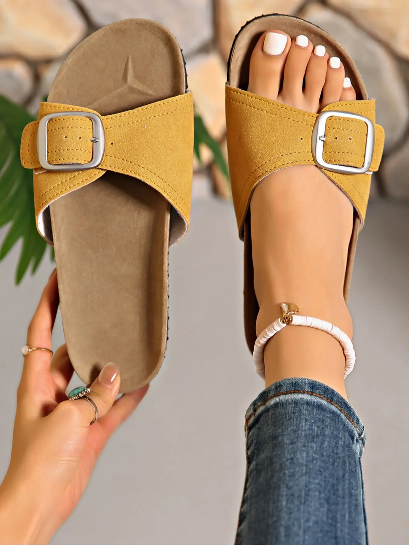 Women's Burgundy Open Toe Slide Sandals, Suede Upper with Silver Buckle Decor, Cork Footbed Flat Platform Design, Comfortable Non-Slip Casual Sandals for Beach, Vacation and Daily Wear