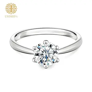 Unimoiss S925 1-2ct Round VVS Synthetic Moissanite Classic Six-Prong Ring Band Birthday Anniversary Mother's Day Gifts for Women
