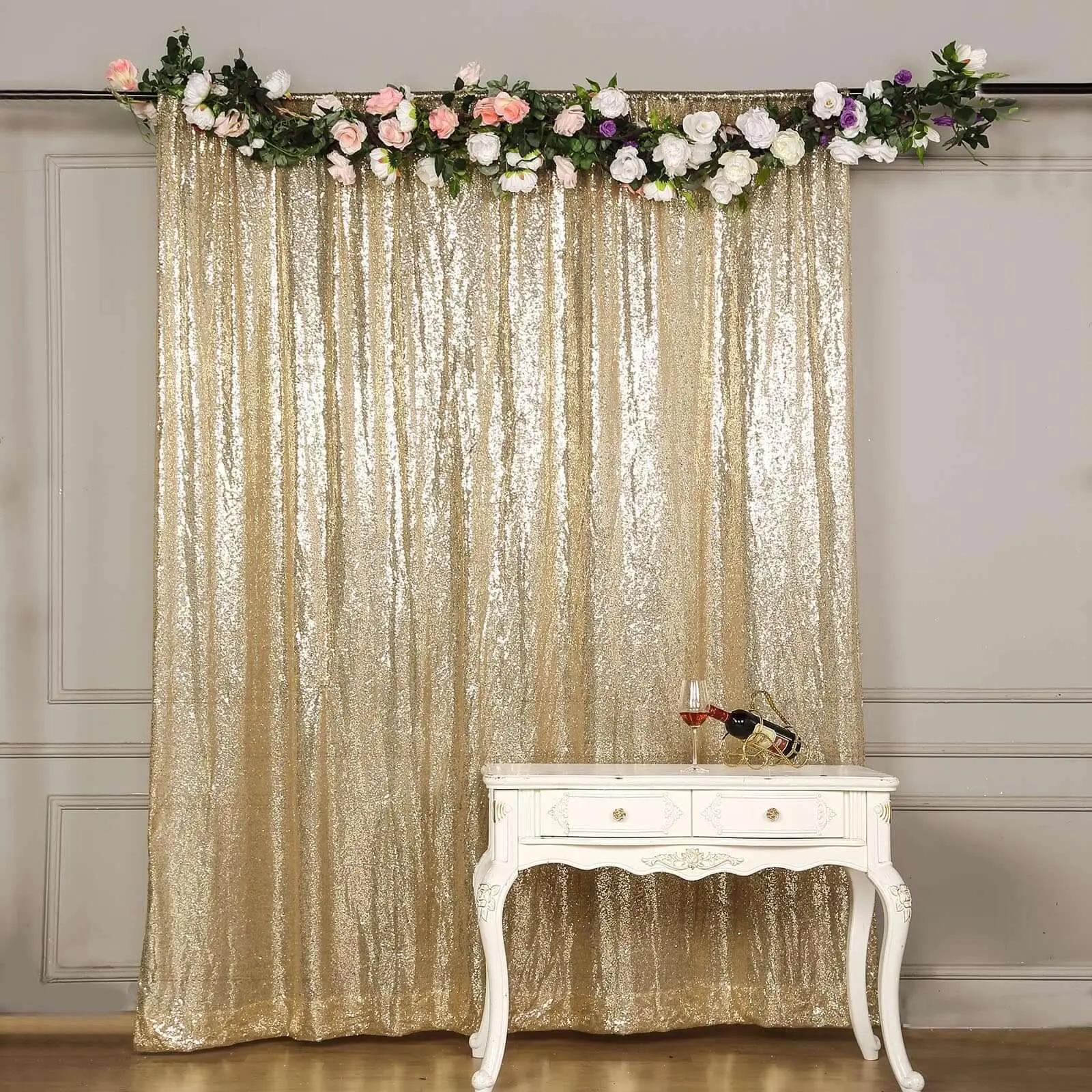 Champagne Sequin Drape Curtain - 8ftx8ft Shimmer Wall Backdrop, Single Panel Gold Festive Backdrops & Banners, Ceremony Party Decorations Supplies, Photo Booth Event Divider Photo Tool