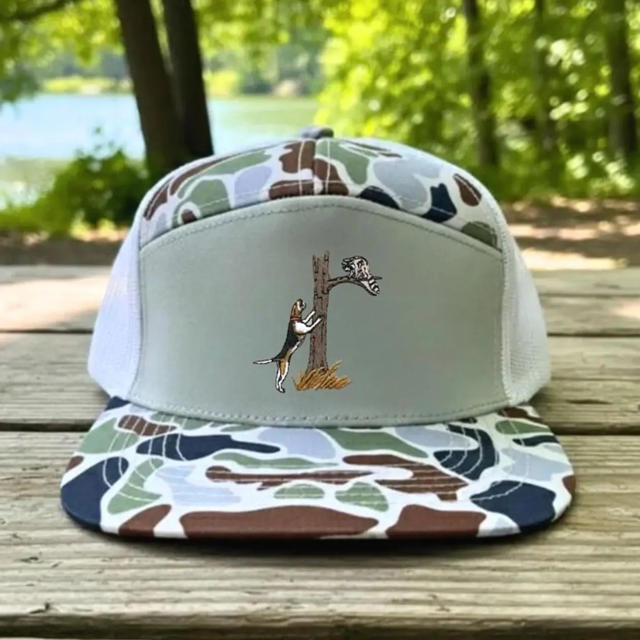 Embroidered Coondog Hunting Hat Camo Trucker Cap, Hound Dog Coon Hunter Snapback, Outdoor Rope Mesh Cap, Adjustable Hunting Hat for Men