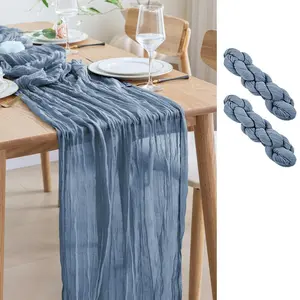 Bohemian Style Blue Cheese Cloth Table Runner, 2 Pack Lace Table Runners, Perfect for Wedding Birthday Party Decorations