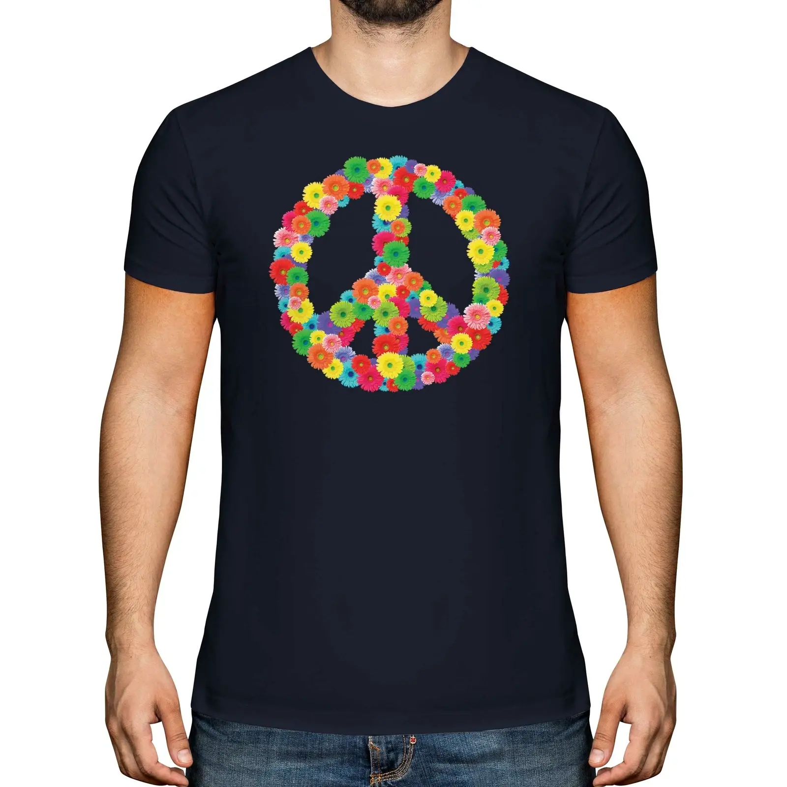 FLOWER POWER MENS FASHION PRINT T-SHIRT HIPPY HIPSTER CND SYMBOL PEACE BAN BOMB