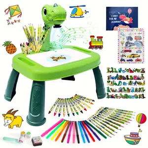 Dinosaur Theme Children's Drawing Projector Set - Green ABS Art and Craft Kit with LED Lights, Pencils, Watercolor Pens, Crayons, Scrapbook, Sticker Book, etc. - Suitable for Boys Aged 3 and Above
