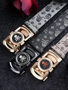 Men's Fashion Skull Print Automatic Buckle Belt, Casual PU Leather Belt for Daily Clothing Decor, Trendy All-match & Exquisite Belt for Birthday Gift, Street Style Belt