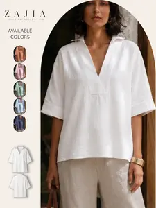 Women's Oversized V-Neck Top, Lightweight Linen-Look Casual Bluse for Resort, Travel & Summer Wear, Comfortable Daily Dressing, Womenswear