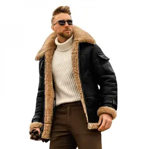 2025 Men's Shearling Aviator Jacket, Genuine Leather with Faux Collar and Cuffs, Winter Warm Outerwear Menswear Coats