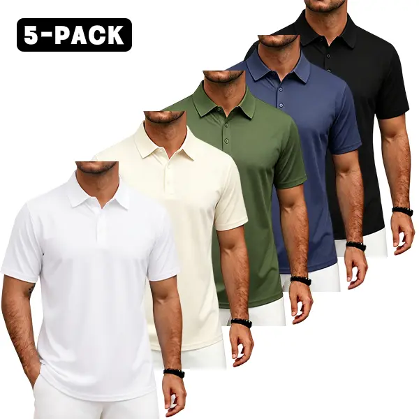 Men’s 5-pack performance polo shirts, quick-dry moisture-wicking fabric, classic solid color design—ideal for golf, fitness, business, and everyday wear.