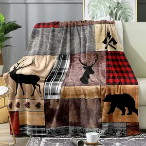LUVIVIHOME Deer Throw Blanket, Woodland Animals Hunting Lodge Cabin Patchwork Rustic Farmhouse Elk Moose Black Bear Plaid Blanket, Cozy Warm Fuzzy Soft Flannel Fleece Blanket for Couch, Sofa, 40"x50"