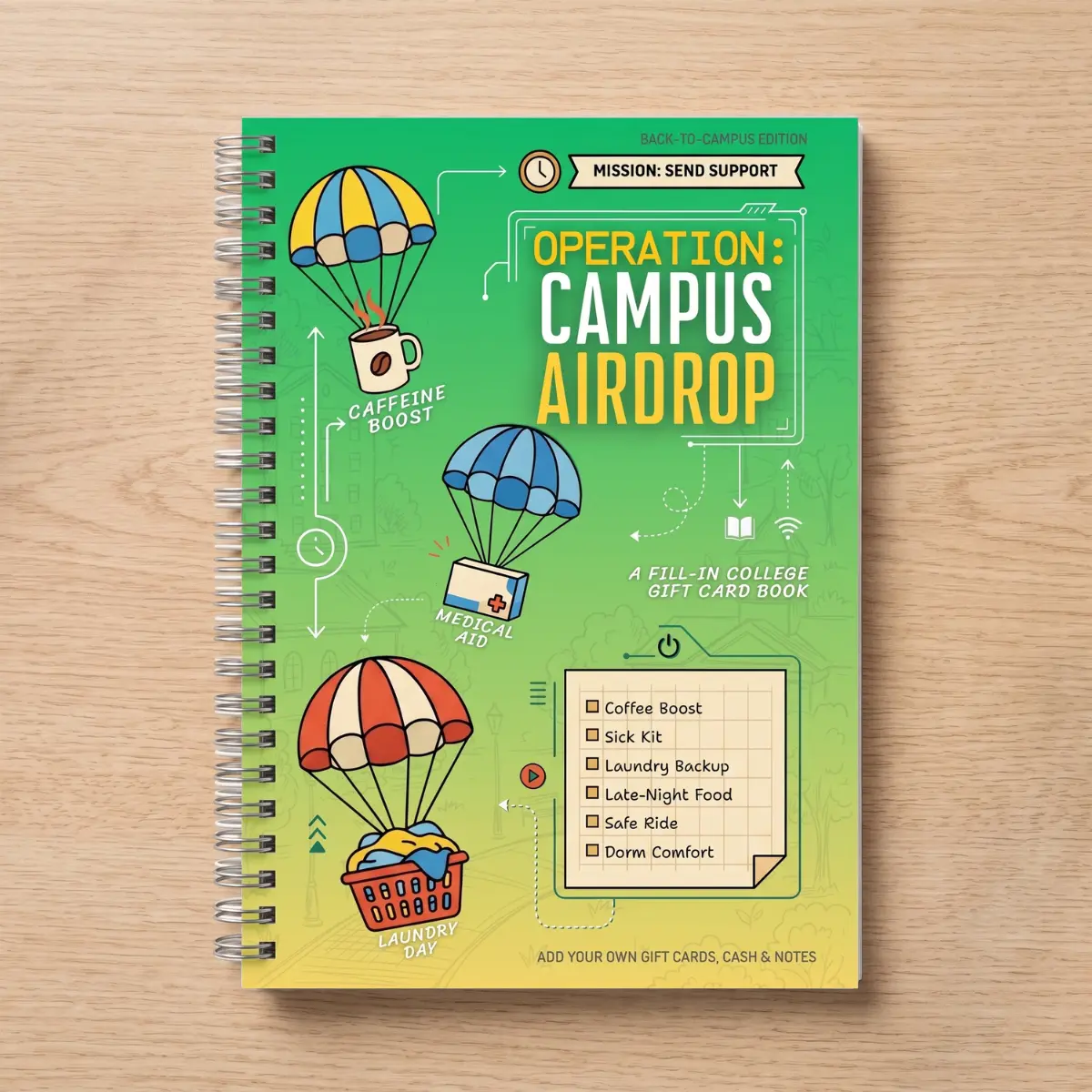 Campus Airdrop College Care Gift Book, A5 Spiral-Bound Fill-In Gift for Students, Add Your Own Cards, Cash & Notes