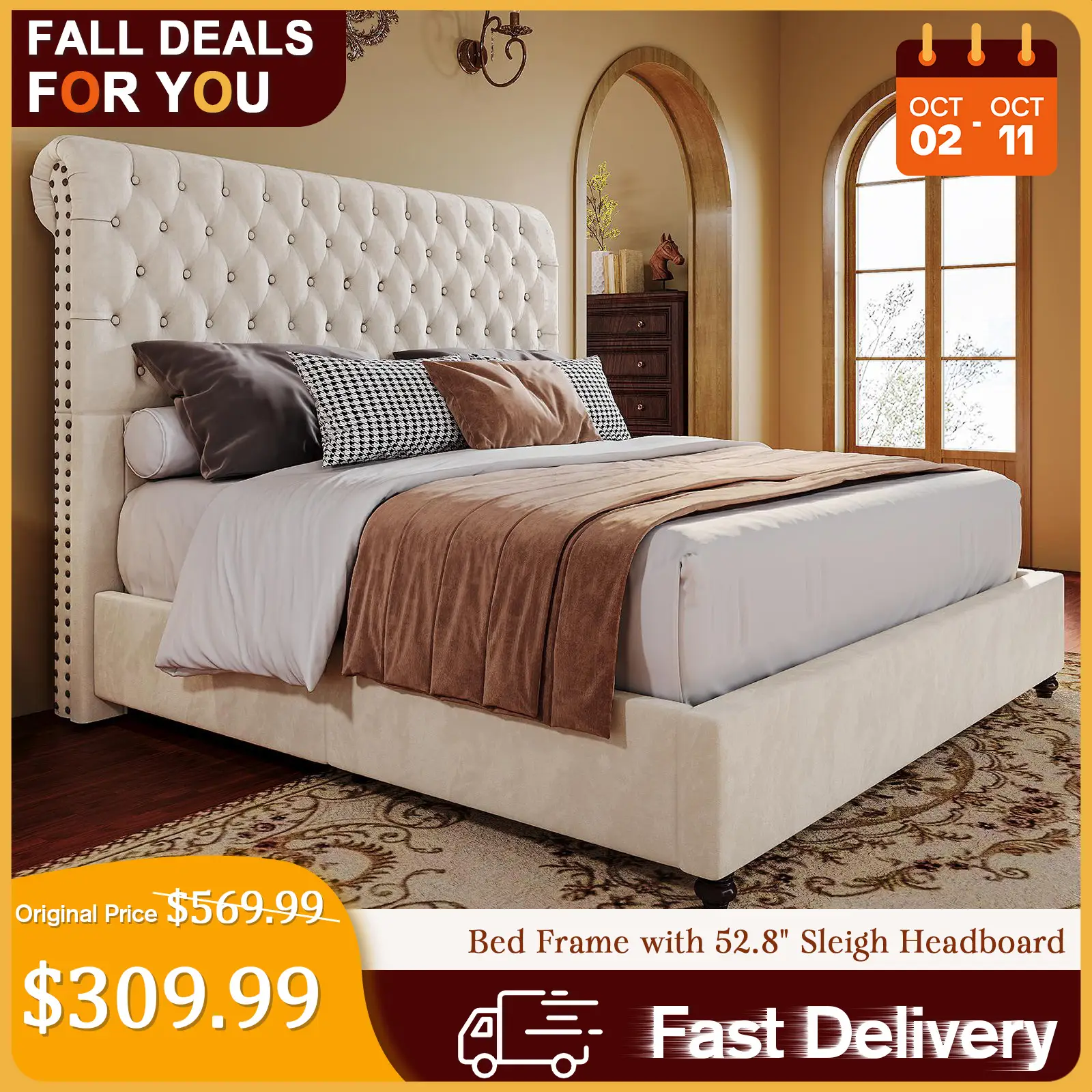 [TikTokShopfalldealsforyou] AMERLIFE 52.8" High Bed Frame with Sleigh Headboard, Modern Velvet Upholstered Platform Bed with Deep Button Tufted Headb