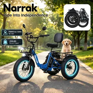Electric Tricycle, Equipped with High Carbon Steel Frame, Full Suspension System, Peak 1350W Step-Thru Etrike, Fat Tire Folding Electric Trike S180-B, 3 Wheels Electric Bikes for Adults, Removable Battery and Large Basket for Women Men