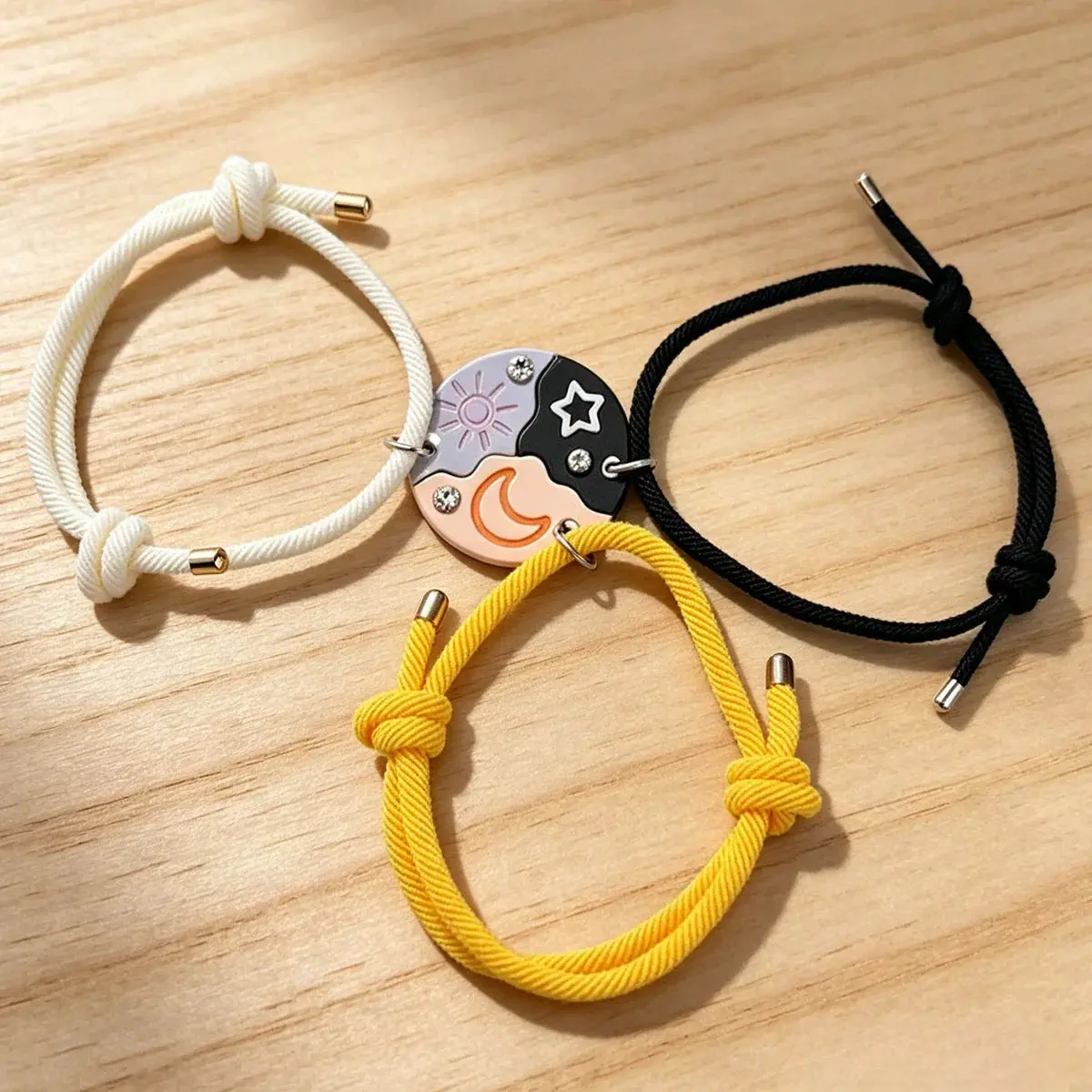 Girls' 3-Piece Matching Friendship Bracelets & Bangles for Siblings - Celestial Sun Moon Stars Nylon Braided Cord, Magnetic Charms, Sliding Adjuster (5.91-9.84 Inches, 0.46 Oz), Birthday Gift for Friendship Goals, Everyday Wear Costume Jewelry