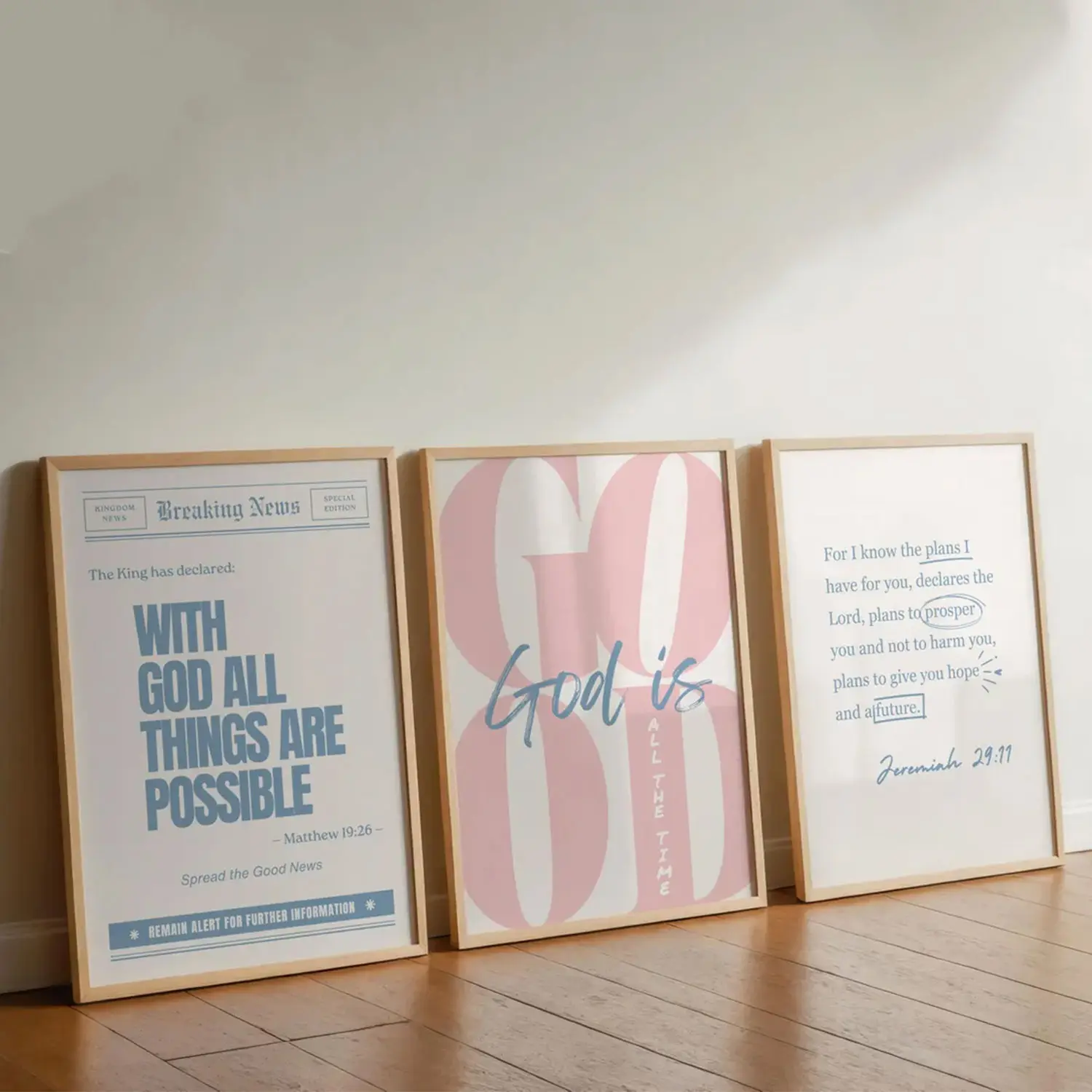 Set of 3 Trendy Blue Pink Girly Christian Wall Art, God is Good All The Time Print, Jeremiah 29 11 Wall Art With God all Things Are Possible